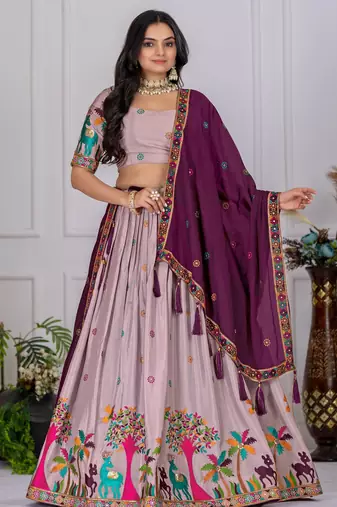 Light Purple Chinon Silk Thread Embroidered Sequins Lehenga Festive Wear