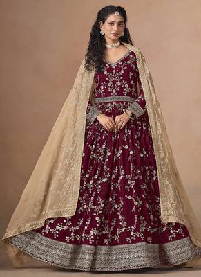Maroon embroidered  faux georgette anarkali suit 1