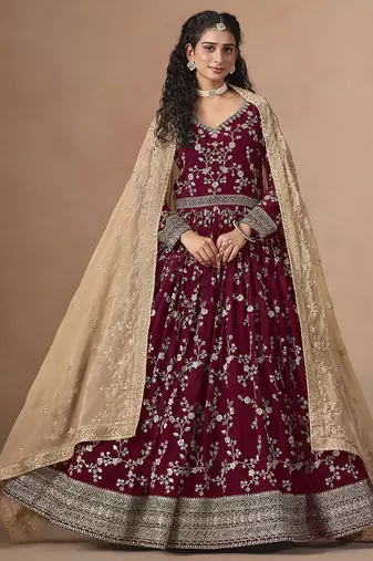 Maroon embroidered  faux georgette anarkali suit