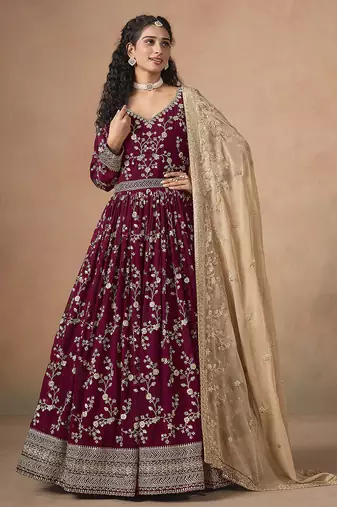 Maroon embroidered  faux georgette anarkali suit