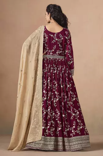 Maroon embroidered  faux georgette anarkali suit