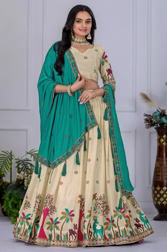 Off White Chinon Silk Thread Embroidered Sequins Lehenga Festive Wear