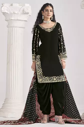 Black embroidered & mirror roman silk patiala suits
