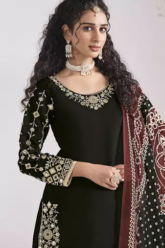 Black embroidered & mirror roman silk patiala suits