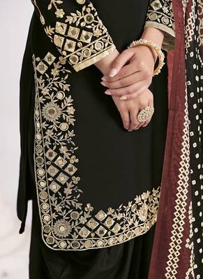 Black embroidered & mirror roman silk patiala suits 4