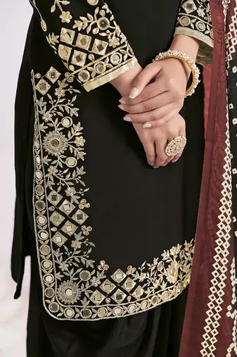 Black embroidered & mirror roman silk patiala suits