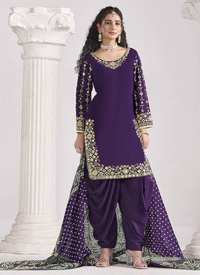 Purple embroidered & mirror roman silk patiala suits 1