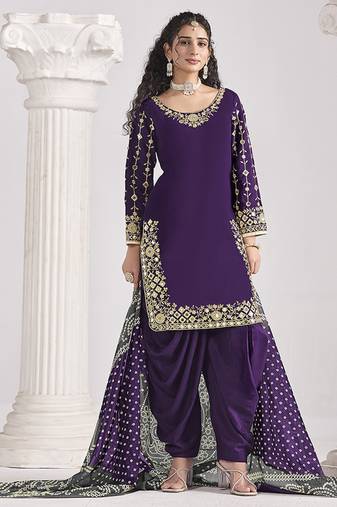 Purple embroidered & mirror roman silk patiala suits