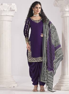 Purple embroidered & mirror roman silk patiala suits 2