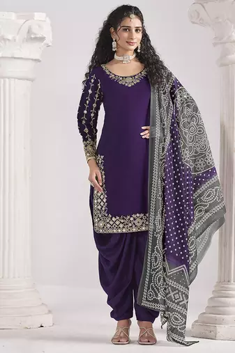 Purple embroidered & mirror roman silk patiala suits