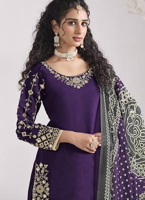 Purple embroidered & mirror roman silk patiala suits 3