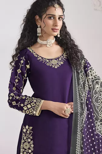 Purple embroidered & mirror roman silk patiala suits