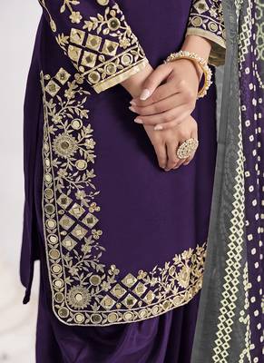 Purple embroidered & mirror roman silk patiala suits 4