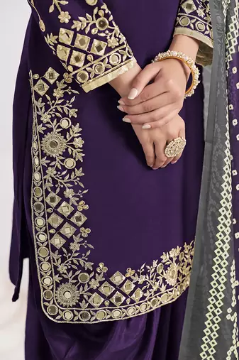 Purple embroidered & mirror roman silk patiala suits