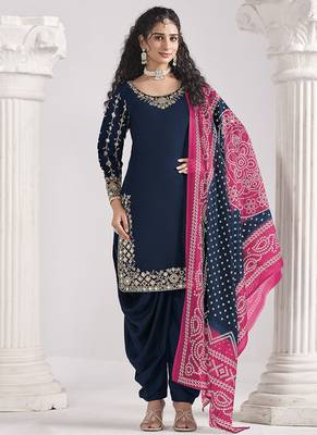 Blue embroidered & mirror roman silk patiala suits 1