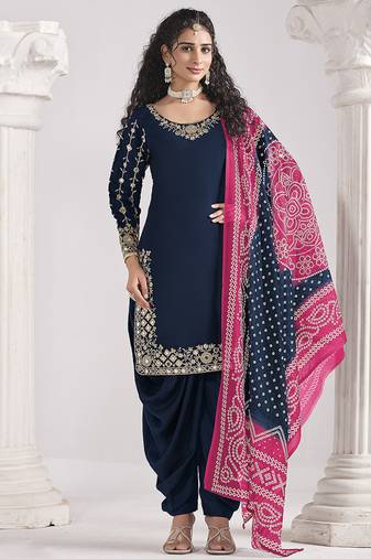 Blue embroidered & mirror roman silk patiala suits