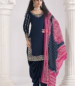 Blue embroidered & mirror roman silk patiala suits