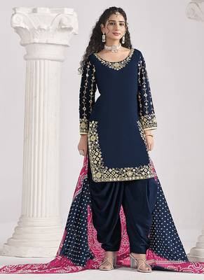 Blue embroidered & mirror roman silk patiala suits 2