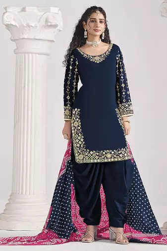 Blue embroidered & mirror roman silk patiala suits