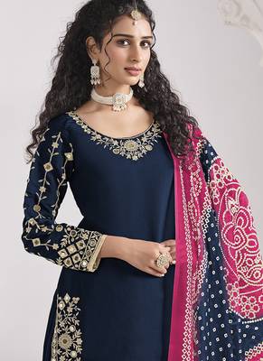 Blue embroidered & mirror roman silk patiala suits 3