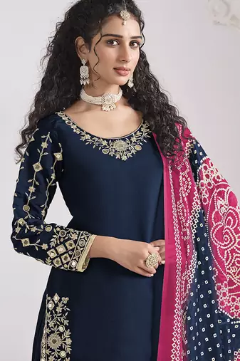 Blue embroidered & mirror roman silk patiala suits