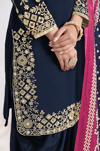 Blue embroidered & mirror roman silk patiala suits