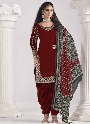 Maroon embroidered & mirror roman silk patiala suits 1