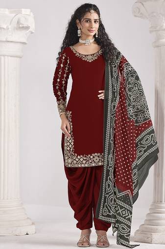 Maroon embroidered & mirror roman silk patiala suits