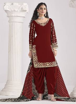 Maroon embroidered & mirror roman silk patiala suits 2