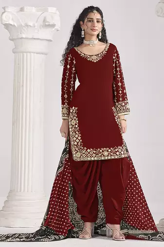 Maroon embroidered & mirror roman silk patiala suits