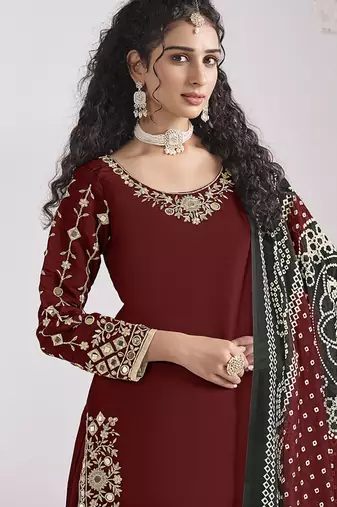 Maroon embroidered & mirror roman silk patiala suits