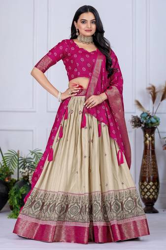 Women's Pink Jacquard Silk Zari Work With Printed Lehenga Festive Wear