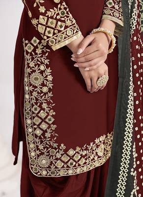 Maroon embroidered & mirror roman silk patiala suits 4