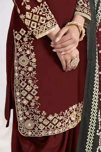 Maroon embroidered & mirror roman silk patiala suits