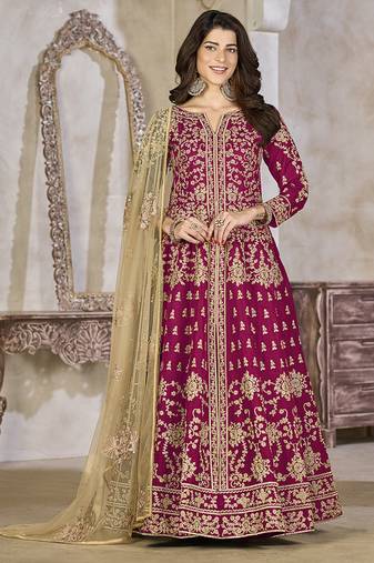 Rani pink embroidered art silk anarkali suit