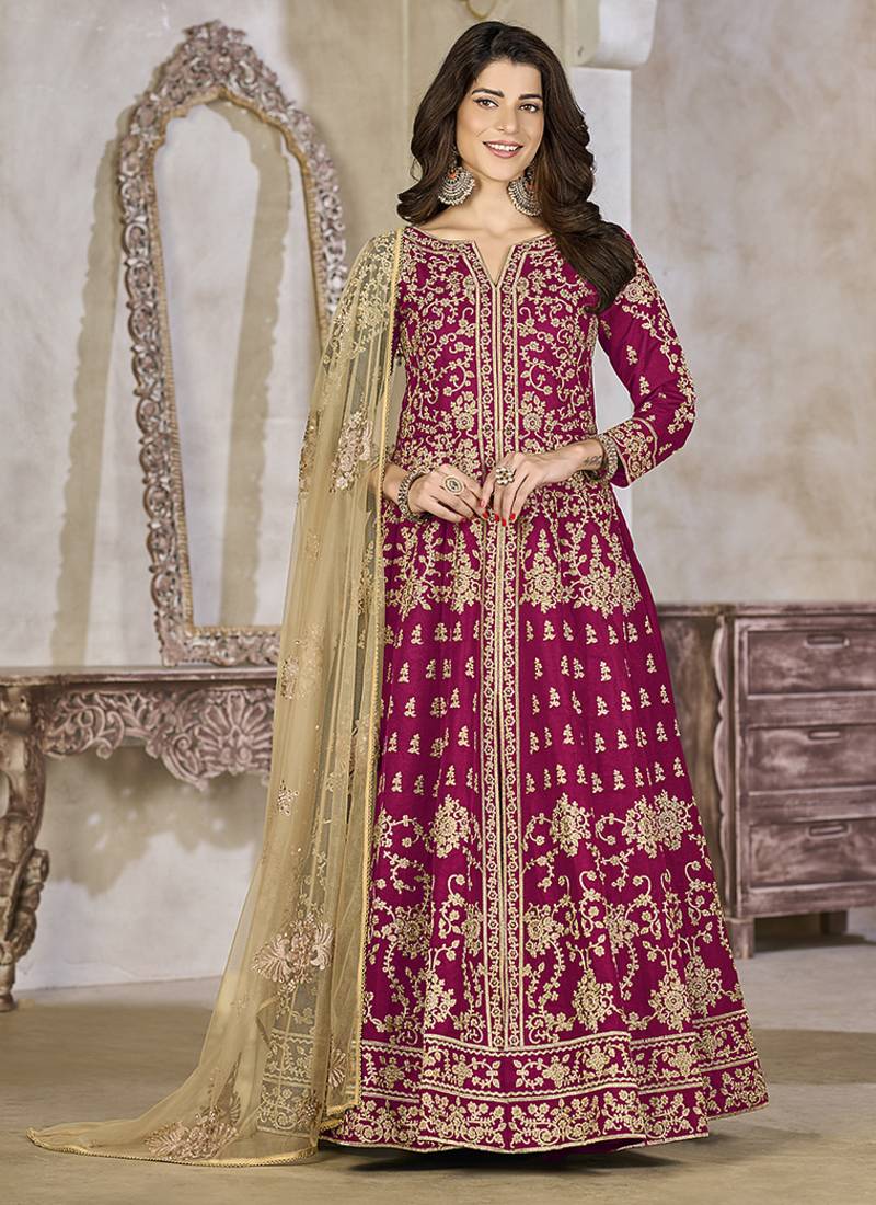 Rani pink embroidered art silk anarkali suit