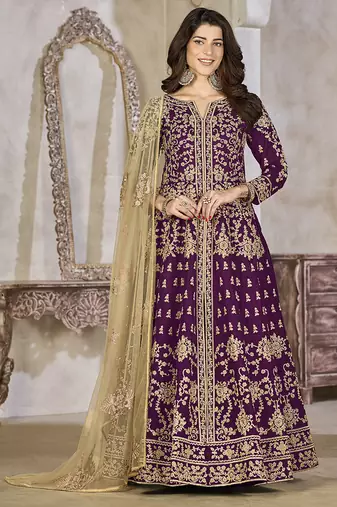 Purple embroidered art silk anarkali suit