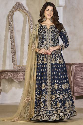 Blue embroidered art silk anarkali suit