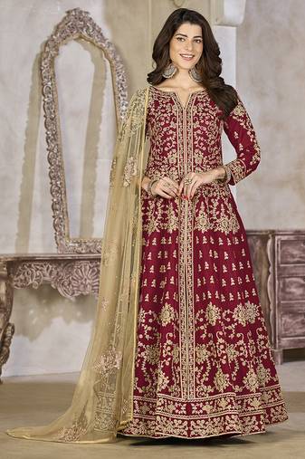 Maroon embroidered art silk anarkali suit