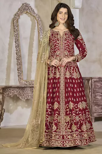 Maroon embroidered art silk anarkali suit