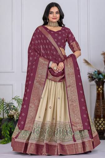 Wine Jacquard Silk Zari Work With Printed Lehenga Festive Wear