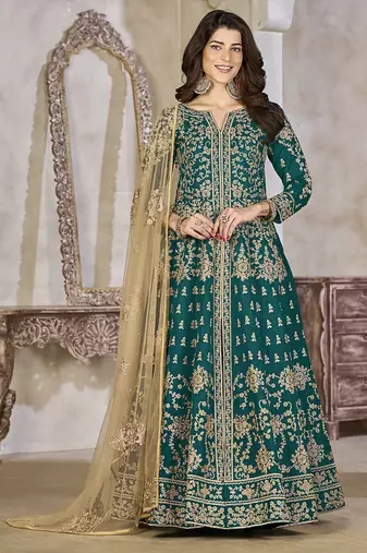Green embroidered art silk anarkali suit
