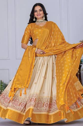 Yellow Jacquard Silk Zari Work With Printed Lehenga Festive Wear