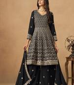 Black embroidered faux georgette palazzo suit
