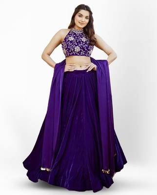 Purple thread & sequins embroidered with velvet fabric  semi stitched lehenga choli 1