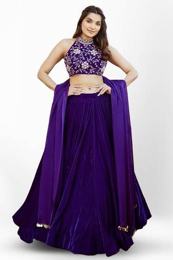 Purple thread & sequins embroidered with velvet fabric designer wedding party wear festival semi stitched lehenga choli