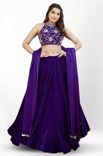 Purple thread & sequins embroidered with velvet fabric  semi stitched lehenga choli