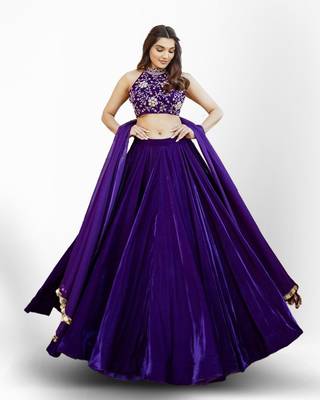 Purple thread & sequins embroidered with velvet fabric  semi stitched lehenga choli 2