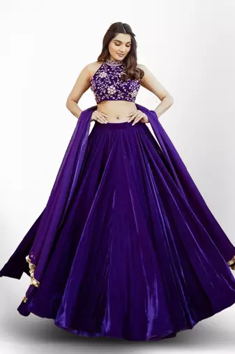 Purple thread & sequins embroidered with velvet fabric  semi stitched lehenga choli