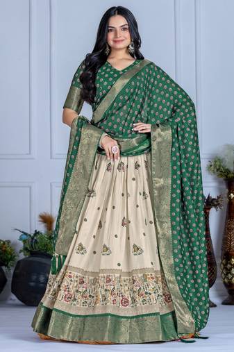 Eilara Women's Green  Jacquard Silk Zari Work With Printed Lehenga Festive Wear